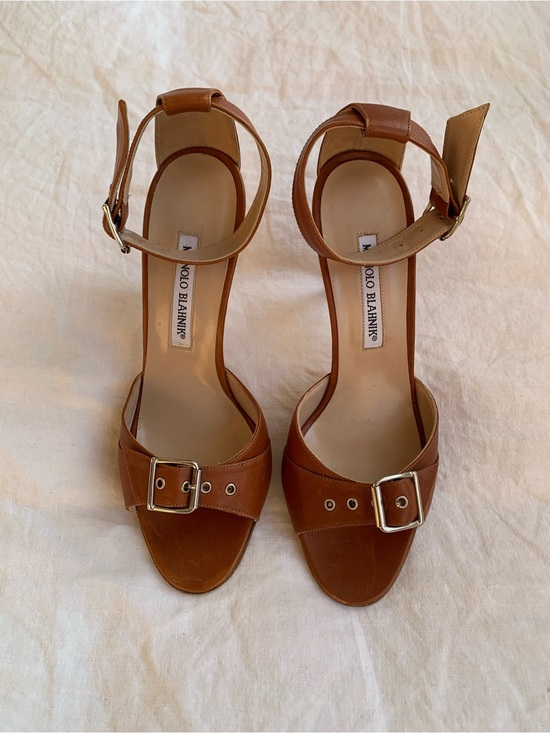 Manolo Blahnik Shoes - NWT Vintage Manolo Blahnik Leather Buckle Peep Toe Ankle Strap Heels Brown Tan